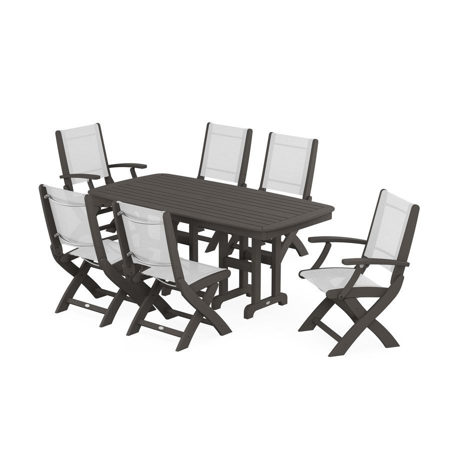 POLYWOOD Coastal Folding Chair 7-Piece Dining Set in Vintage Coffee / White Sling