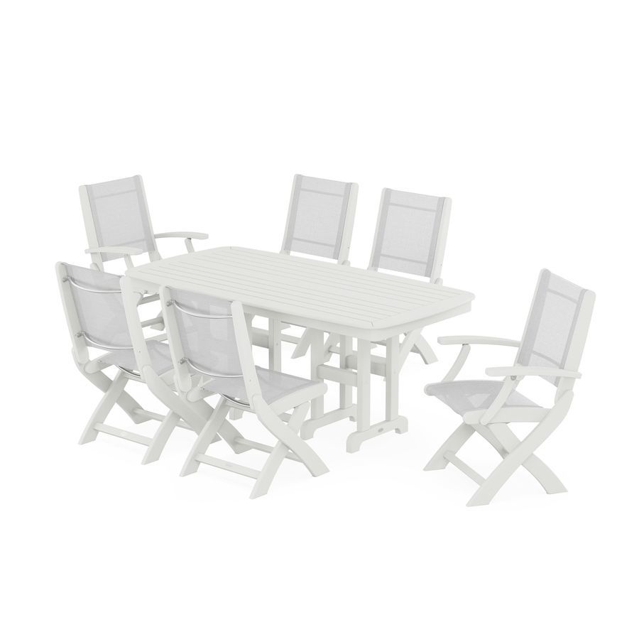 POLYWOOD Coastal Folding Chair 7-Piece Dining Set in Vintage White / White Sling
