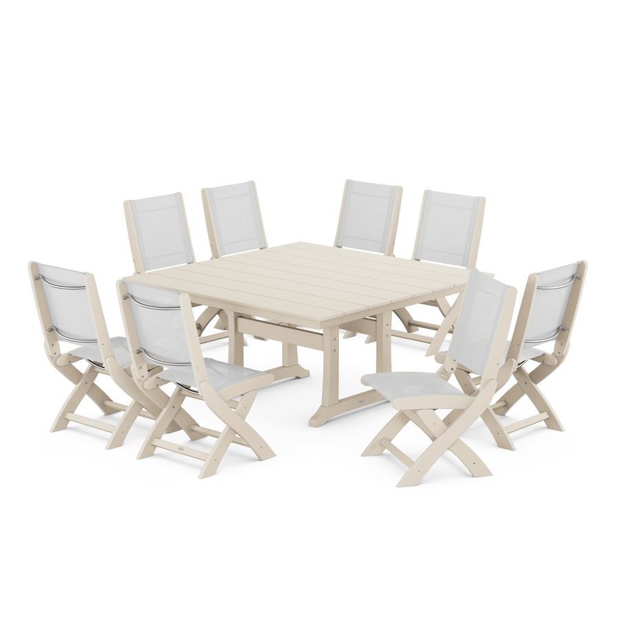 POLYWOOD Coastal Folding Side Chair 9-Piece Farmhouse Dining Set in Sand / White Sling