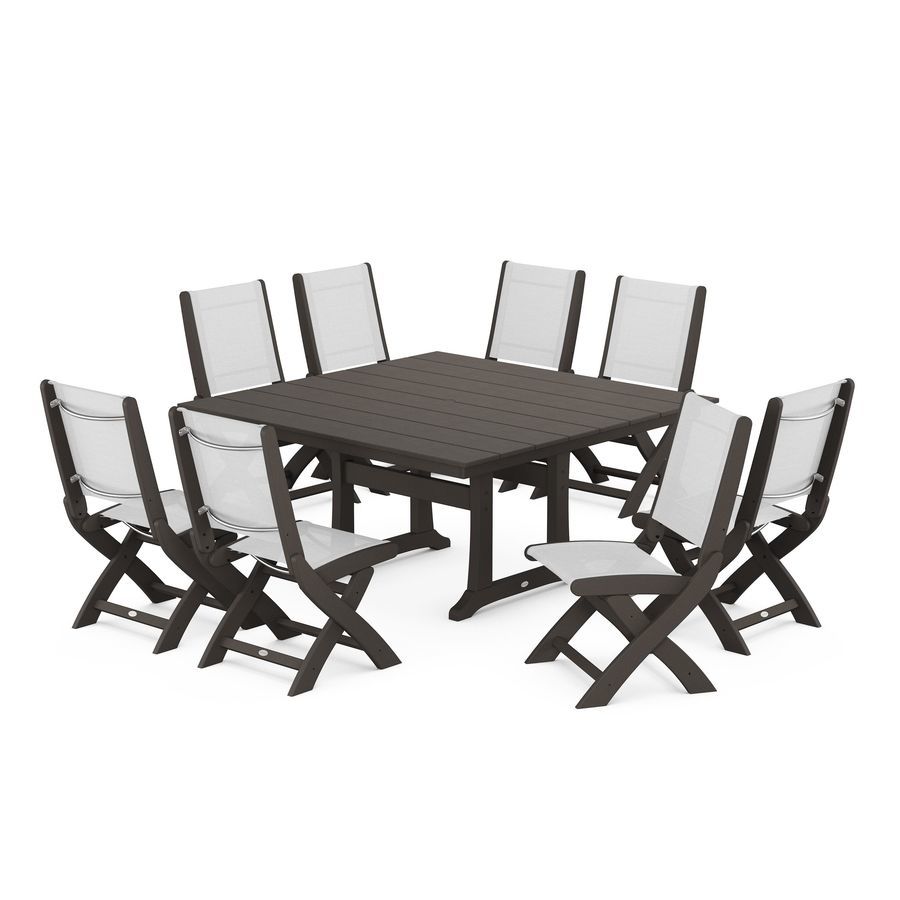 POLYWOOD Coastal Folding Side Chair 9-Piece Farmhouse Dining Set in Vintage Coffee / White Sling