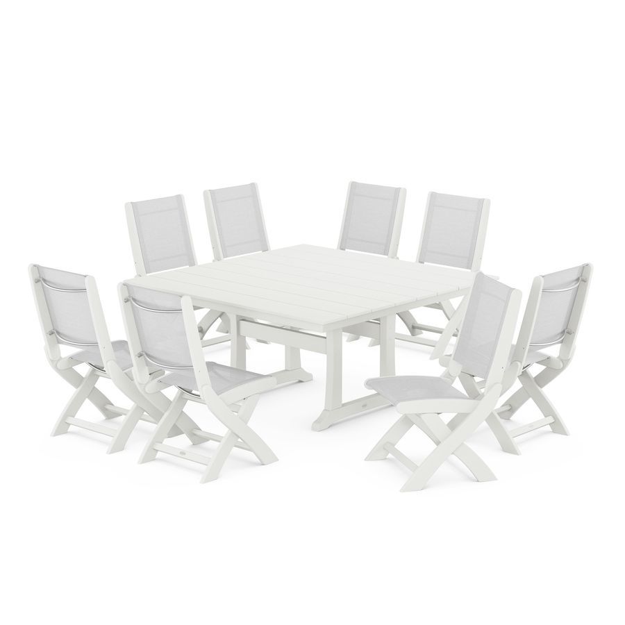 POLYWOOD Coastal Folding Side Chair 9-Piece Farmhouse Dining Set in Vintage White / White Sling