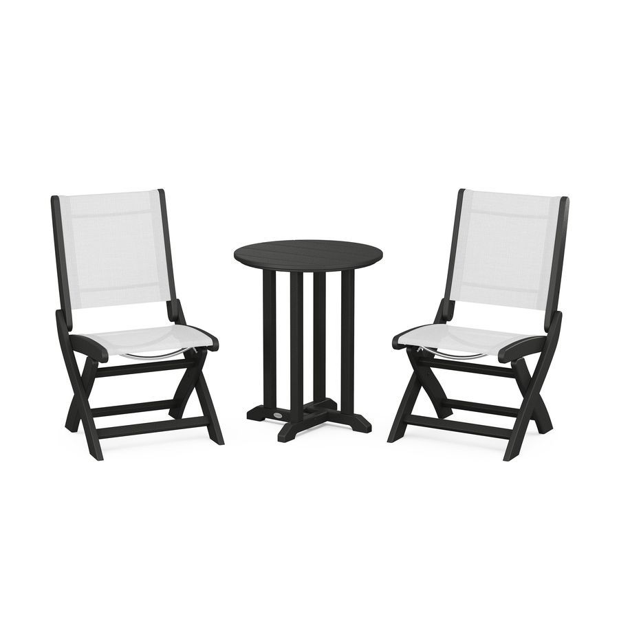 POLYWOOD Coastal Folding Side Chair 3-Piece Round Dining Set in Black / White Sling