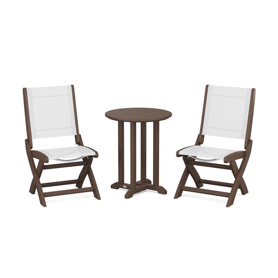 POLYWOOD Coastal Folding Side Chair 3-Piece Round Dining Set in Mahogany / White Sling