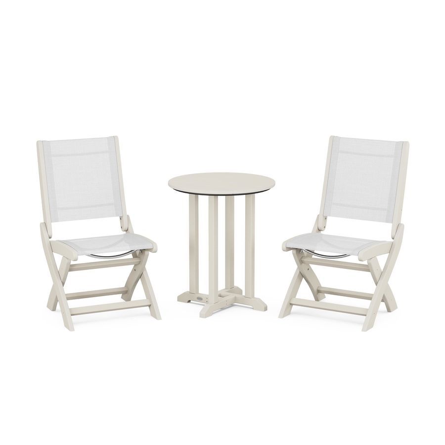 POLYWOOD Coastal Folding Side Chair 3-Piece Round Dining Set in Sand / White Sling