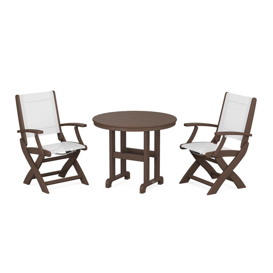 POLYWOOD Coastal Folding Chair 3-Piece Round Dining Set in Mahogany / White Sling