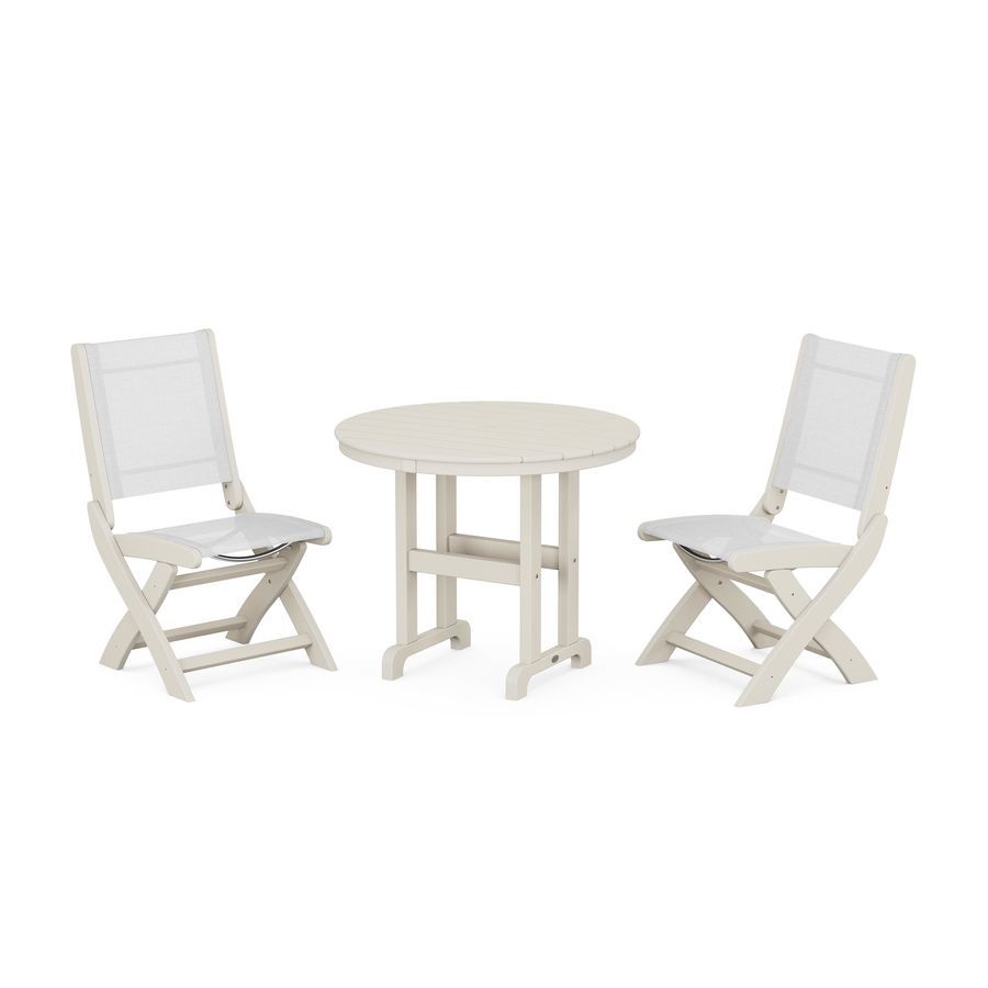 POLYWOOD Coastal Folding Side Chair 3-Piece Round Dining Set in Sand / White Sling