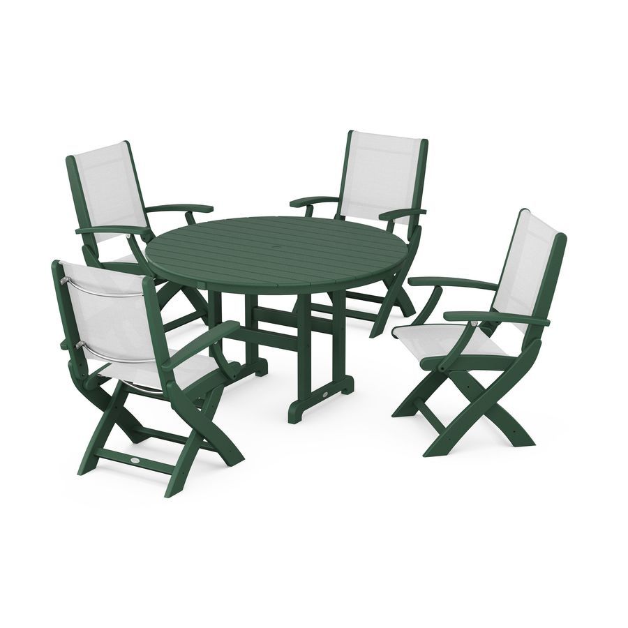 POLYWOOD Coastal Folding Chair 5-Piece Round Dining Set in Green / White Sling