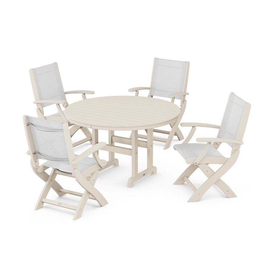 POLYWOOD Coastal Folding Chair 5-Piece Round Dining Set in Sand / White Sling