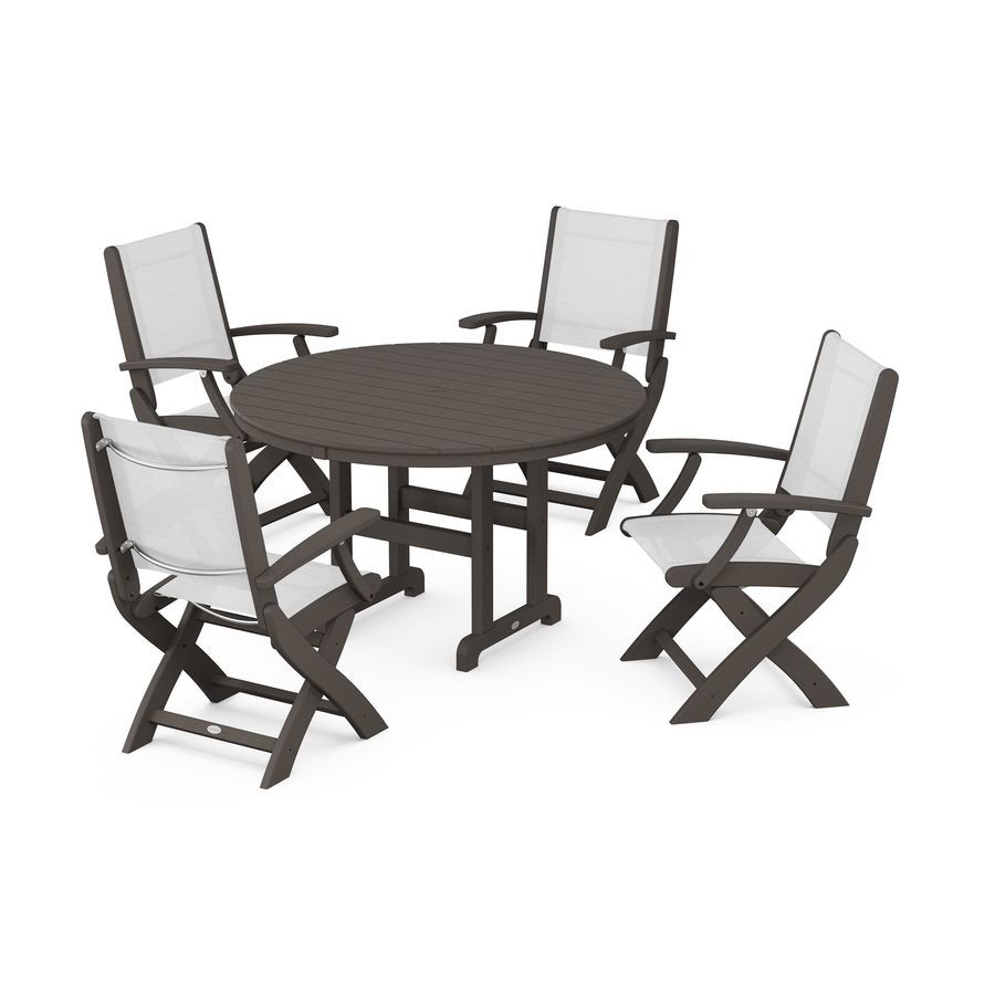POLYWOOD Coastal Folding Chair 5-Piece Round Dining Set in Vintage Coffee / White Sling