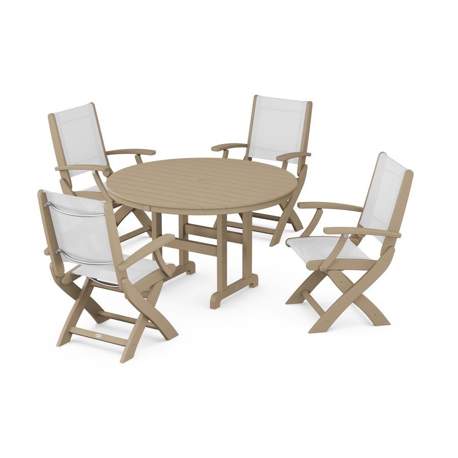 POLYWOOD Coastal Folding Chair 5-Piece Round Dining Set in Vintage Sahara / White Sling