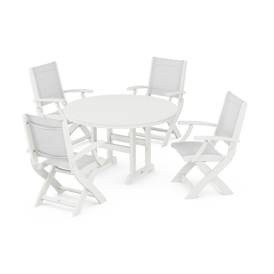 POLYWOOD Coastal Folding Chair 5-Piece Round Dining Set in Vintage White / White Sling