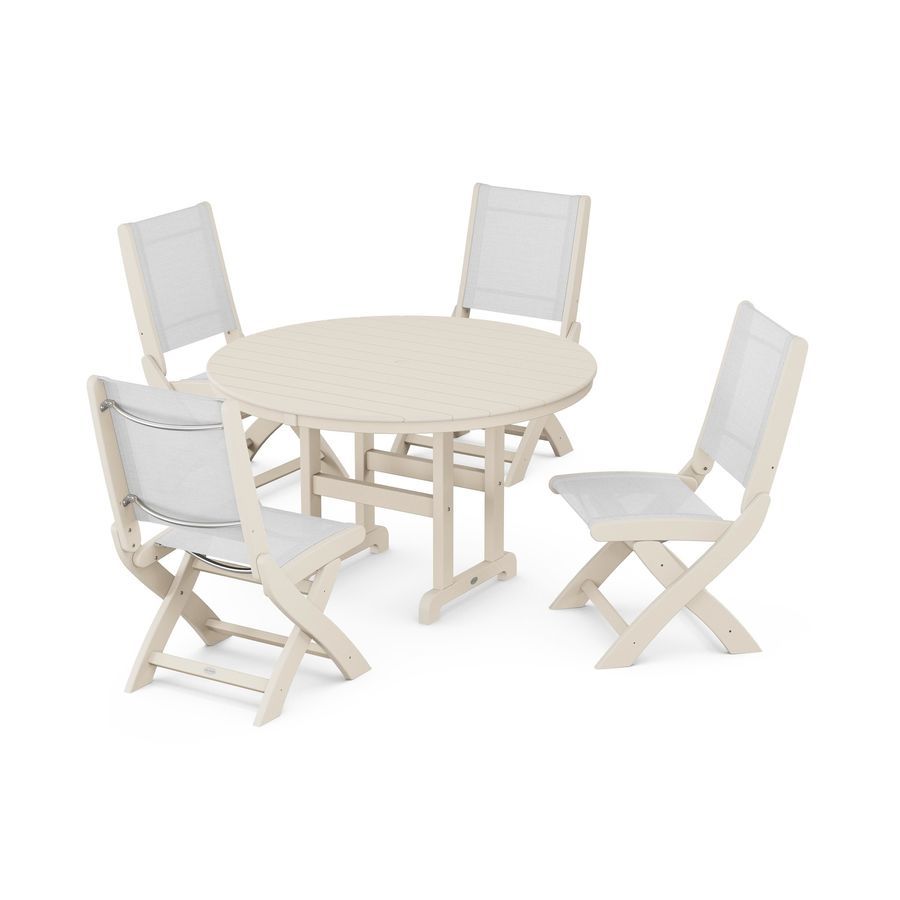 POLYWOOD Coastal Folding Side Chair 5-Piece Round Dining Set in Sand / White Sling