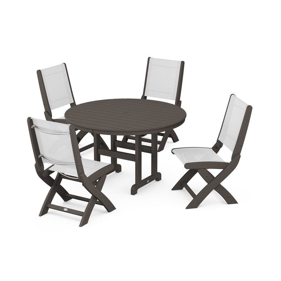 POLYWOOD Coastal Folding Side Chair 5-Piece Round Dining Set in Vintage Coffee / White Sling