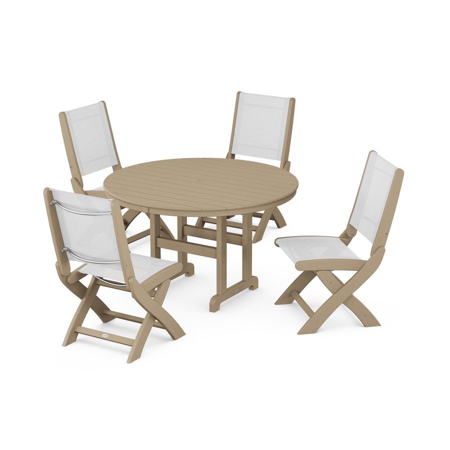 POLYWOOD Coastal Folding Side Chair 5-Piece Round Dining Set in Vintage Sahara / White Sling