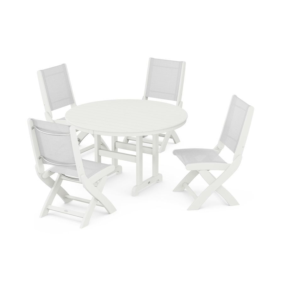 POLYWOOD Coastal Folding Side Chair 5-Piece Round Dining Set in Vintage White / White Sling