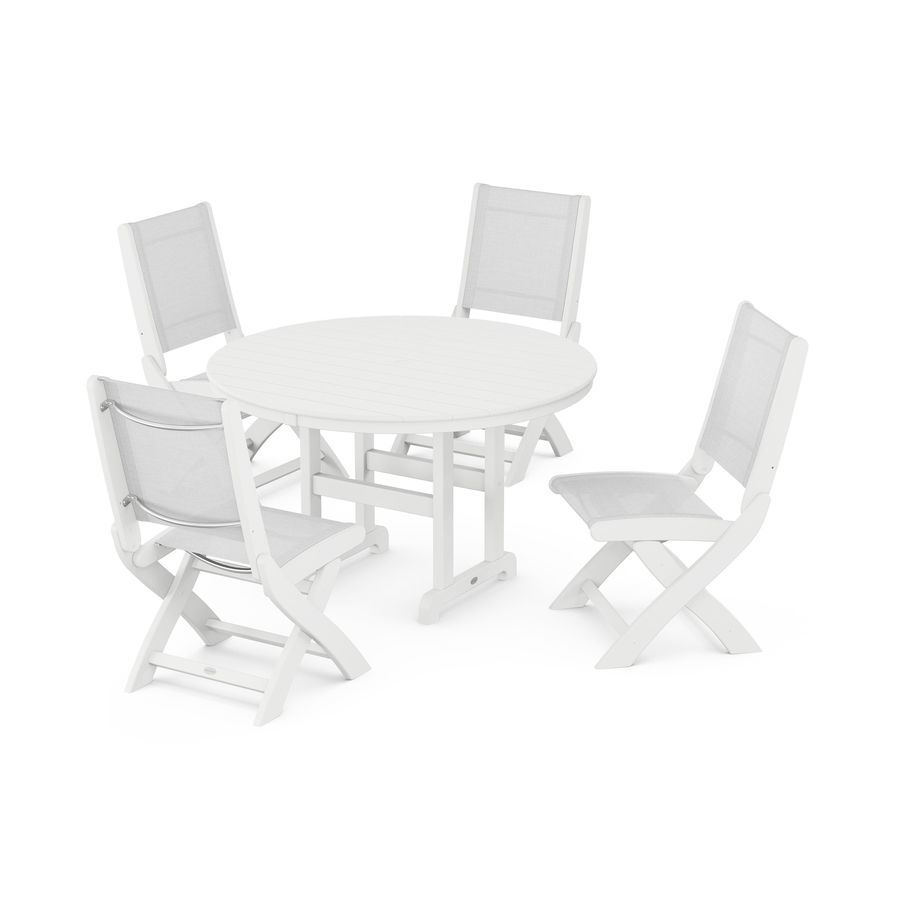 POLYWOOD Coastal Folding Side Chair 5-Piece Round Dining Set in White / White Sling