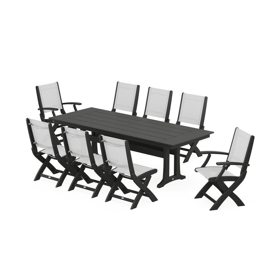 POLYWOOD Coastal 9-Piece Folding Dining Chair Farmhouse Dining Set with Trestle Legs in Black / White Sling