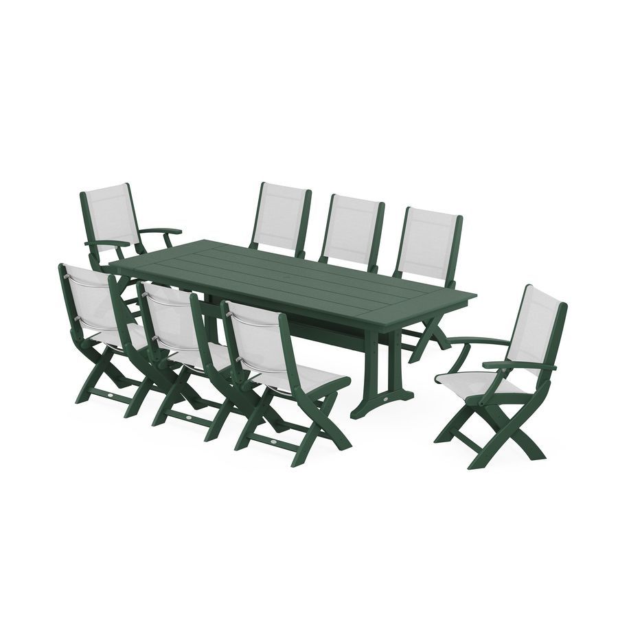 POLYWOOD Coastal 9-Piece Folding Dining Chair Farmhouse Dining Set with Trestle Legs in Green / White Sling