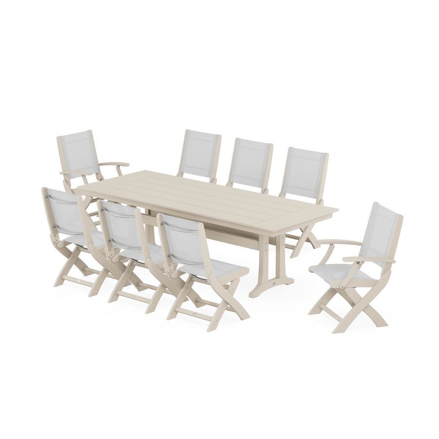 POLYWOOD Coastal 9-Piece Folding Dining Chair Farmhouse Dining Set with Trestle Legs in Sand / White Sling