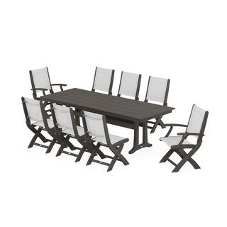 Coastal 9-Piece Folding Dining Chair Farmhouse Dining Set with Trestle Legs in Vintage Finish