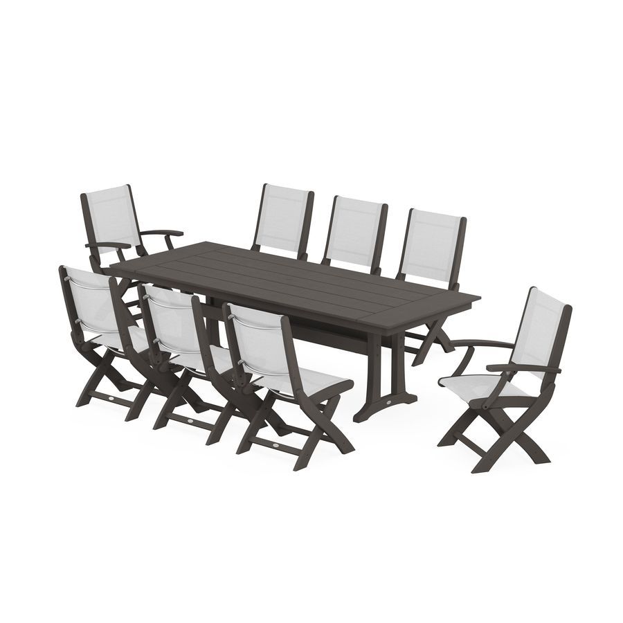POLYWOOD Coastal 9-Piece Folding Dining Chair Farmhouse Dining Set with Trestle Legs in Vintage Finish