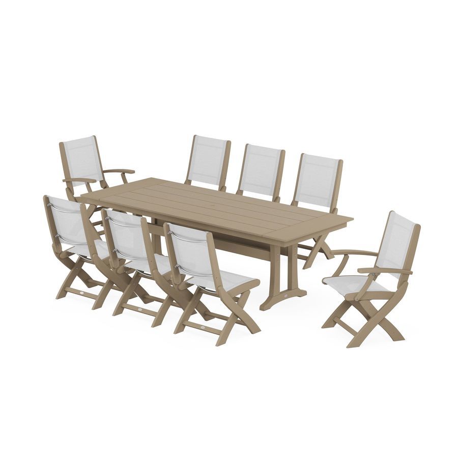POLYWOOD Coastal 9-Piece Folding Dining Chair Farmhouse Dining Set with Trestle Legs in Vintage Sahara / White Sling