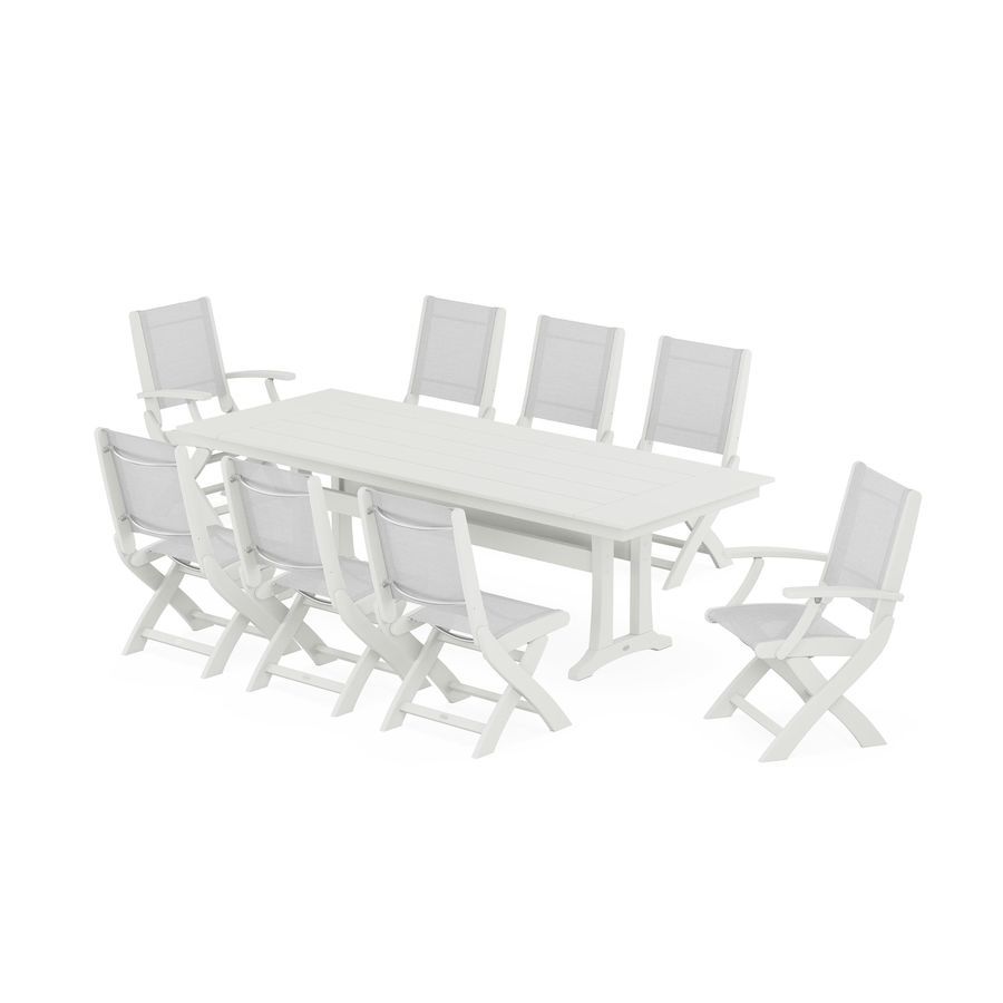 POLYWOOD Coastal 9-Piece Folding Dining Chair Farmhouse Dining Set with Trestle Legs in Vintage White / White Sling