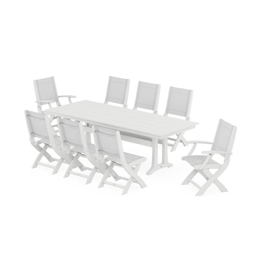 POLYWOOD Coastal 9-Piece Folding Dining Chair Farmhouse Dining Set with Trestle Legs in White / White Sling