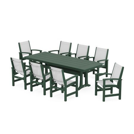 Coastal 9-Piece Farmhouse Dining Set with Trestle Legs in Green / White Sling