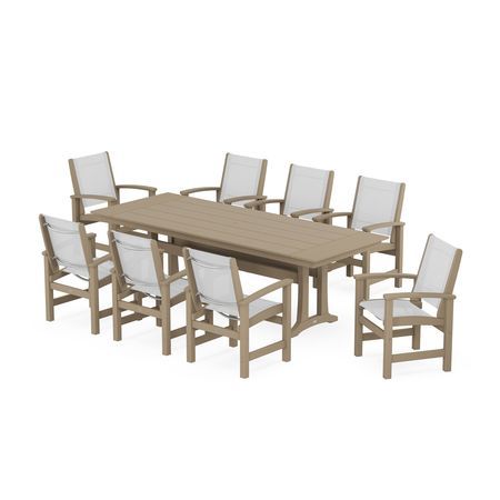 POLYWOOD Coastal 9-Piece Farmhouse Dining Set with Trestle Legs in Vintage Sahara / White Sling