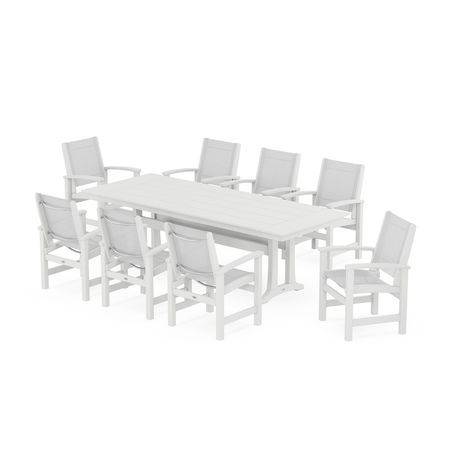 POLYWOOD Coastal 9-Piece Farmhouse Dining Set with Trestle Legs in White / White Sling