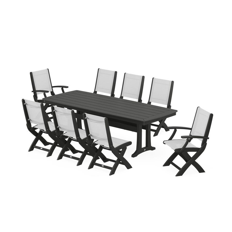 POLYWOOD Coastal Folding 9-Piece Dining Set with Trestle Legs in Black / White Sling