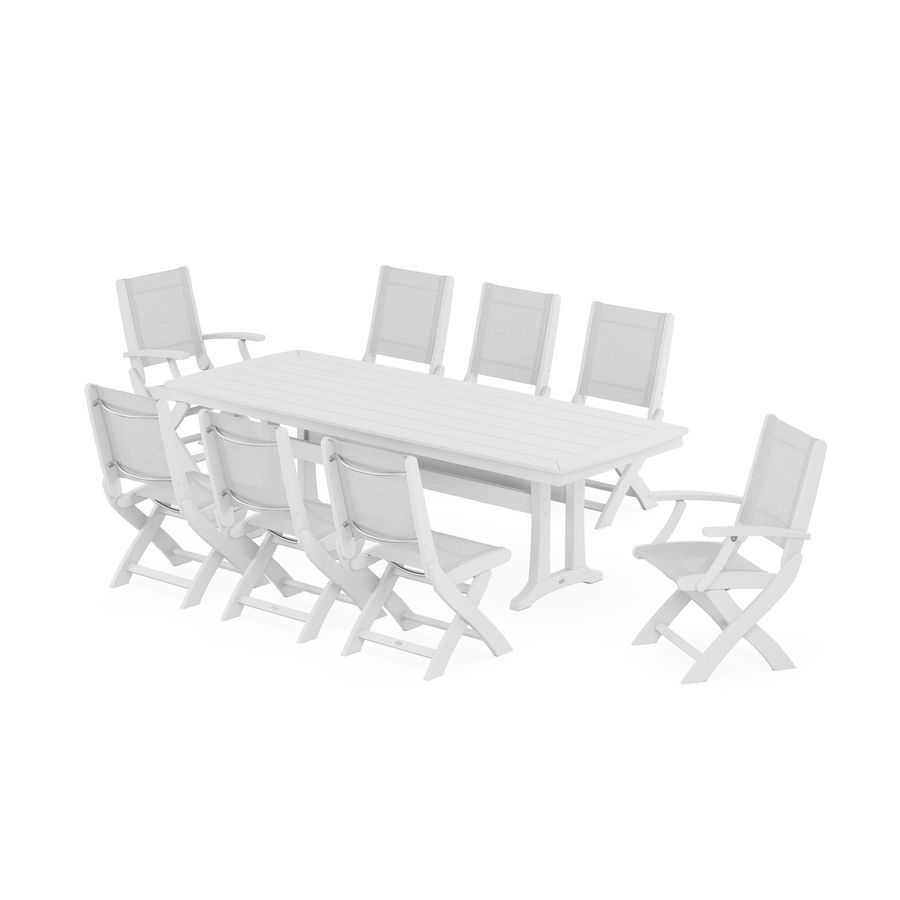 POLYWOOD Coastal Folding 9-Piece Dining Set with Trestle Legs in White / White Sling