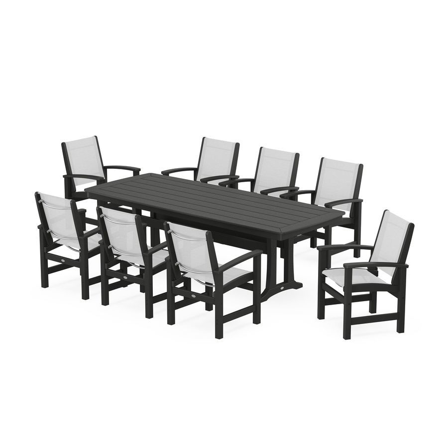 POLYWOOD Coastal 9-Piece Dining Set with Trestle Legs in Black / White Sling
