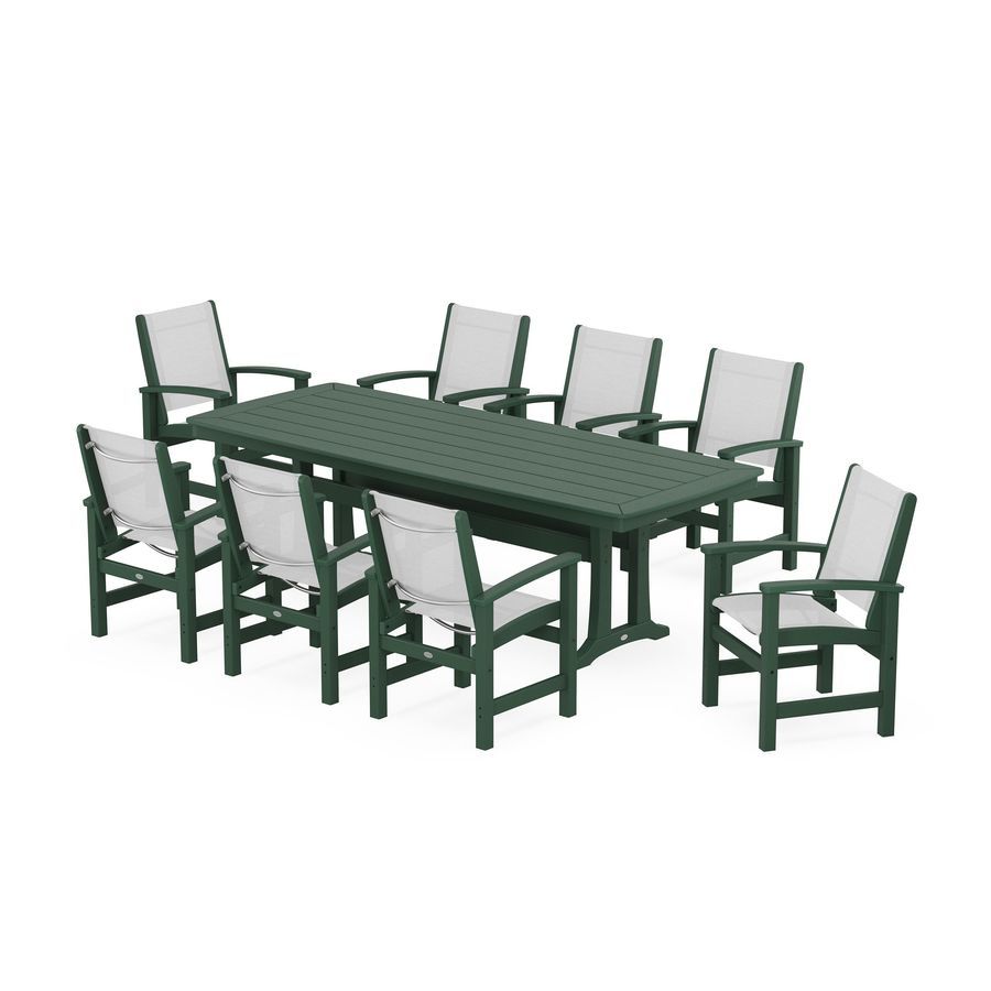 POLYWOOD Coastal 9-Piece Dining Set with Trestle Legs in Green / White Sling