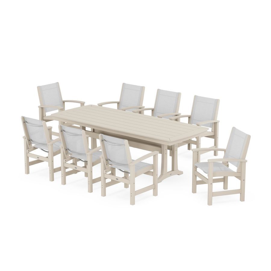 POLYWOOD Coastal 9-Piece Dining Set with Trestle Legs in Sand / White Sling