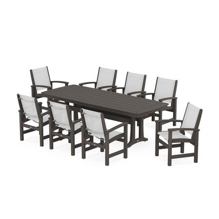 POLYWOOD Coastal 9-Piece Dining Set with Trestle Legs in Vintage Coffee / White Sling