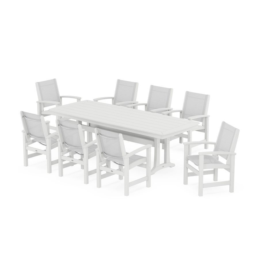 POLYWOOD Coastal 9-Piece Dining Set with Trestle Legs in White / White Sling