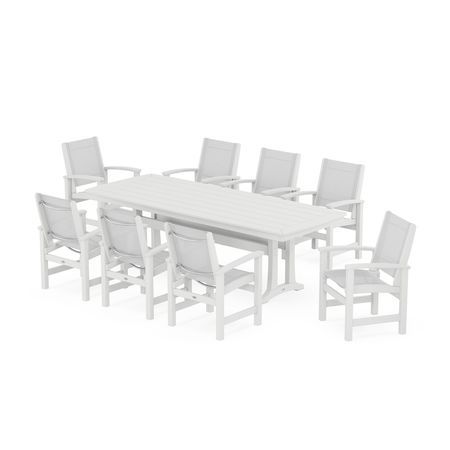 Coastal 9-Piece Dining Set with Trestle Legs in White / White Sling