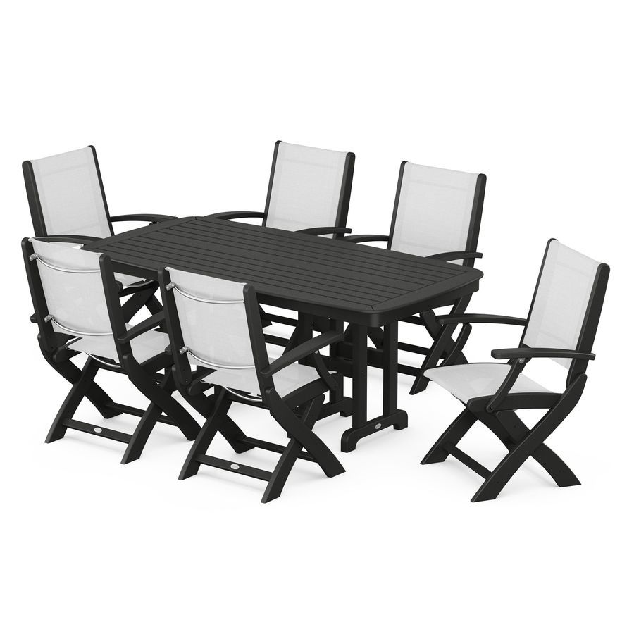 POLYWOOD Coastal Folding Arm Chair 7-Piece Dining Set in Black / White Sling