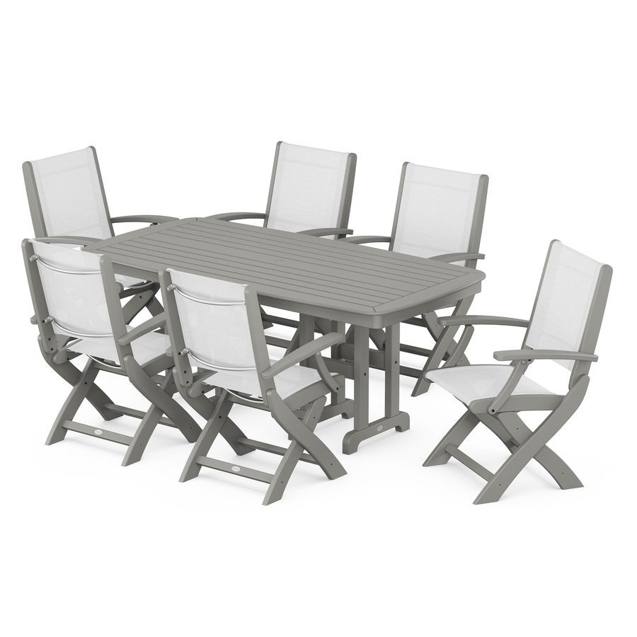 POLYWOOD Coastal Folding Arm Chair 7-Piece Dining Set in Slate Grey / White Sling