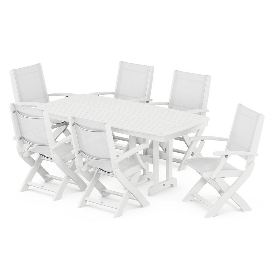 POLYWOOD Coastal Folding Arm Chair 7-Piece Dining Set in White / White Sling