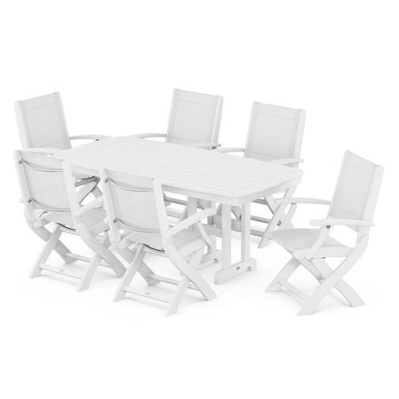POLYWOOD Coastal Folding Chair 7-Piece Dining Set in White / White Sling