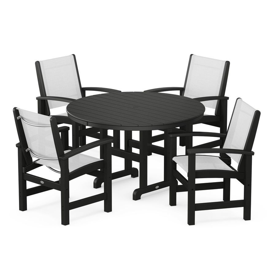 POLYWOOD Coastal 5-Piece Round Farmhouse Dining Set in Black / White Sling