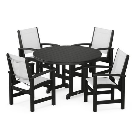 Coastal 5-Piece Round Farmhouse Dining Set in Black / White Sling