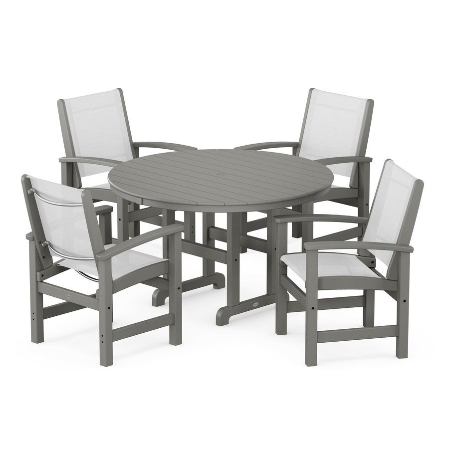 POLYWOOD Coastal 5-Piece Round Farmhouse Dining Set in Slate Grey / White Sling