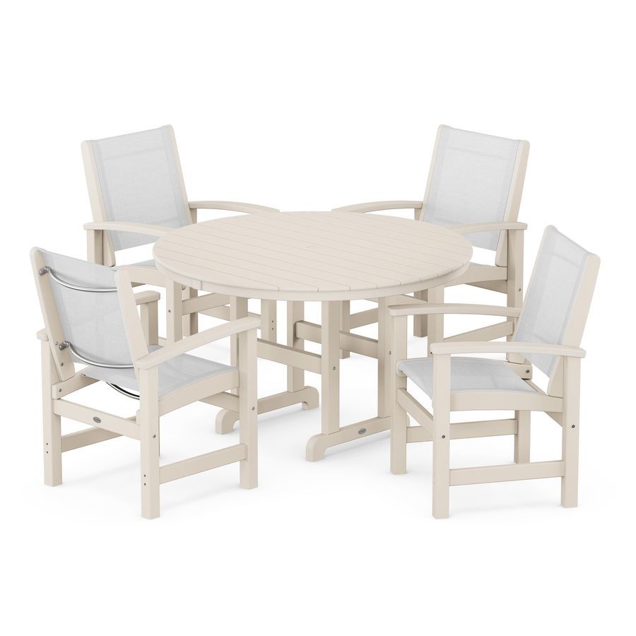 POLYWOOD Coastal 5-Piece Round Farmhouse Dining Set in Sand / White Sling