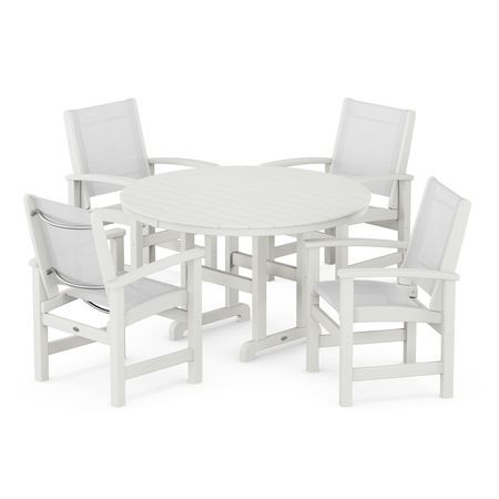 POLYWOOD Coastal 5-Piece Round Farmhouse Dining Set in Vintage White / White Sling