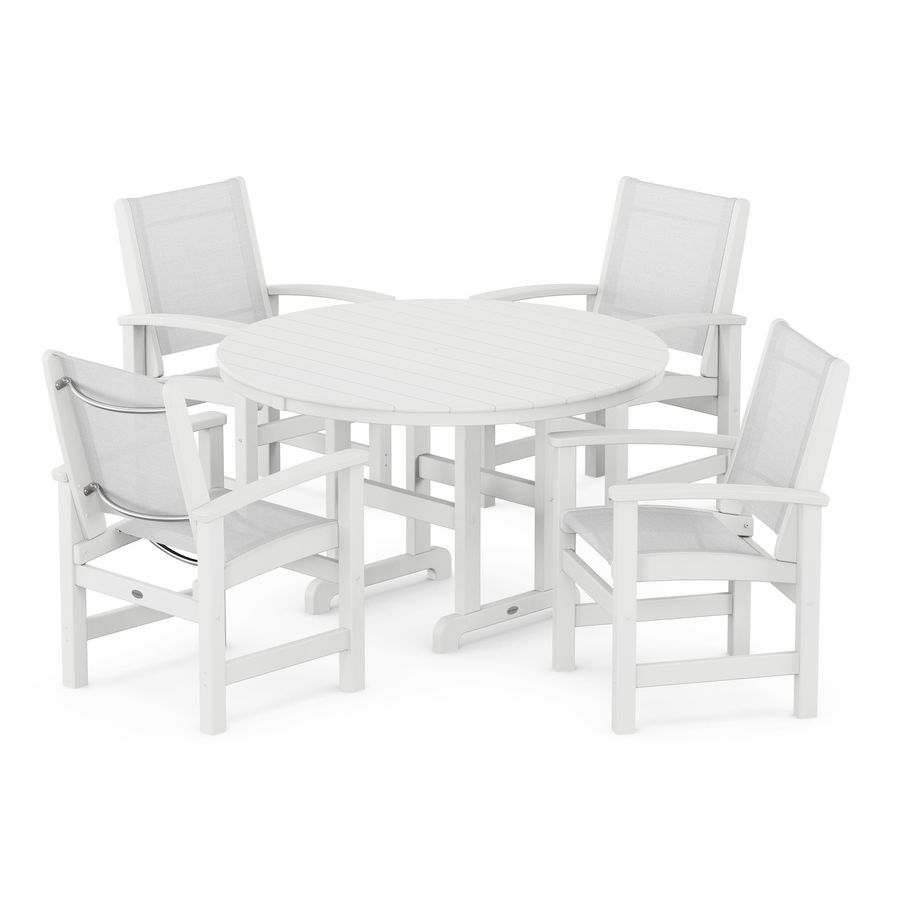 POLYWOOD Coastal 5-Piece Round Farmhouse Dining Set in White / White Sling