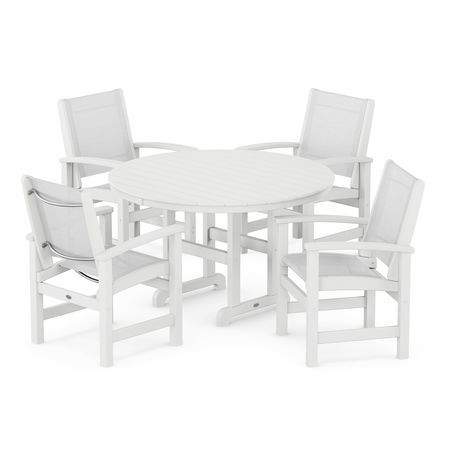 Coastal 5-Piece Round Farmhouse Dining Set in White / White Sling